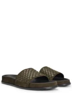 Mixed-leather Slides With Woven Upper Strap