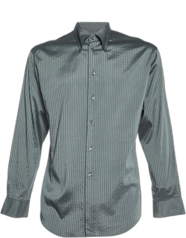 Striped Cotton Blend Button Down Shirt