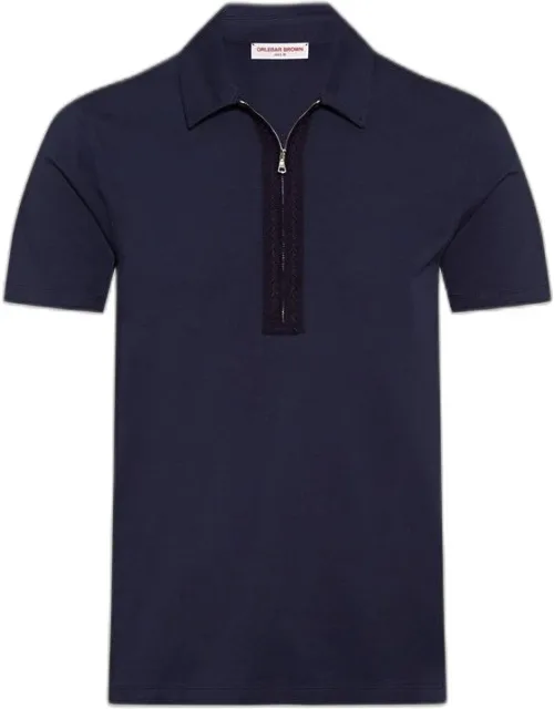 Inky Navy Crochet Tape Zip Cotton Polo Shirt