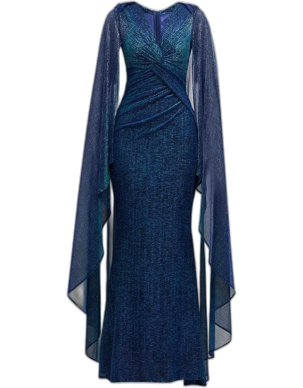 Matrix Metallic Cape Twisted Trumpet Gown