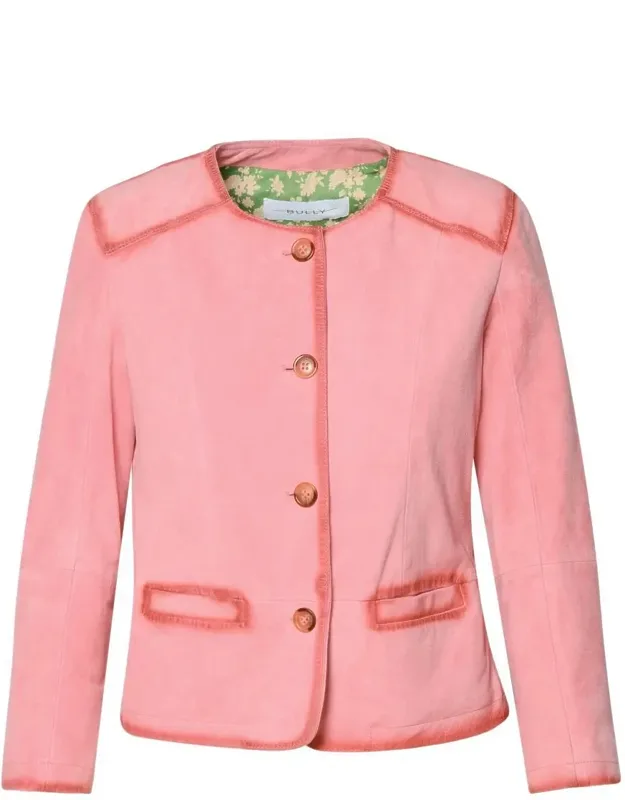 Bully Pink Leather Jacket With Round Neckline And Button Closure
