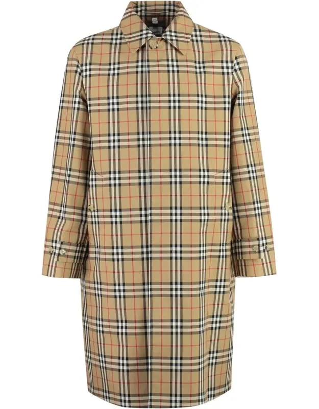 Cotton Trench Coat With Check Motif And Hidden Fastening