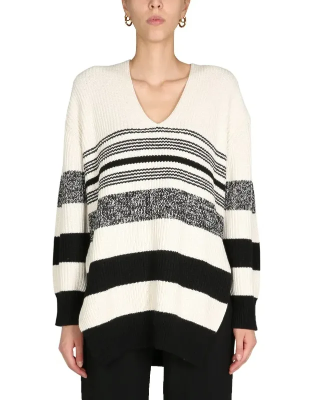 V-neck Sweater With Side Slits And Ribbed Design