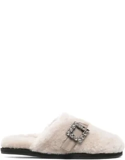 Sandals With Fleece Texture And Crystal Buckle Detail