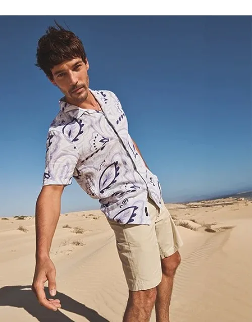 Open Collar Printed Linen Shirt