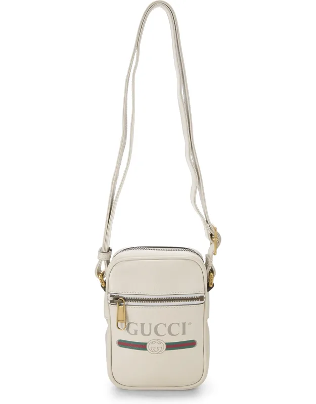 White Leather Logo Printed Vertical Camera Bag Mini