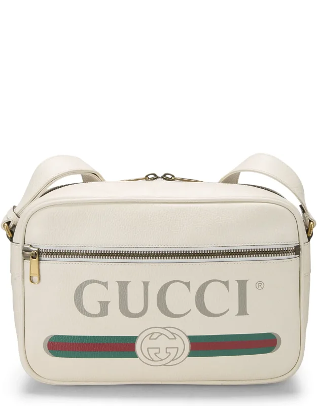 White Gg Logo Printed Leather Shoulder Bag