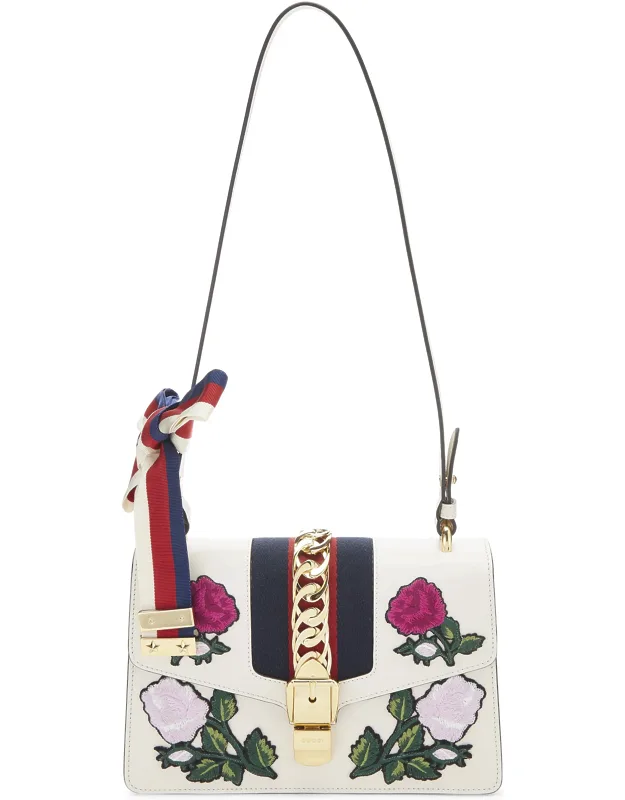 White Floral Embroidered Leather Shoulder Bag