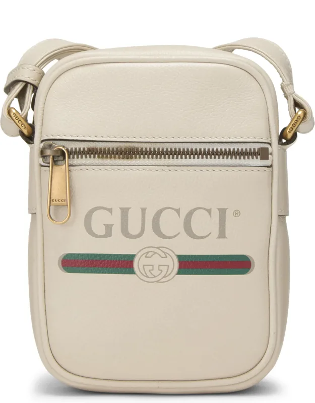 White Leather Logo Printed Vertical Camera Bag Mini