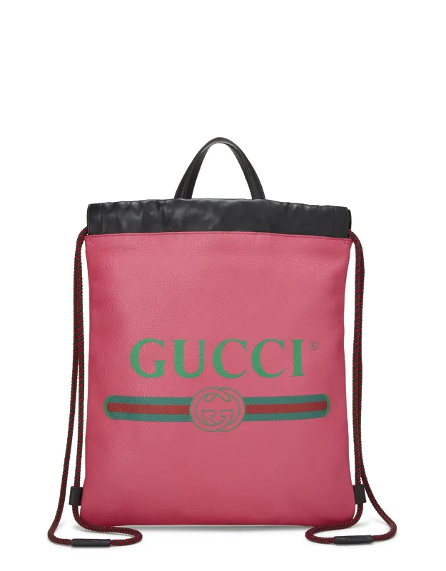 Leather Logo Print Drawstring Backpack