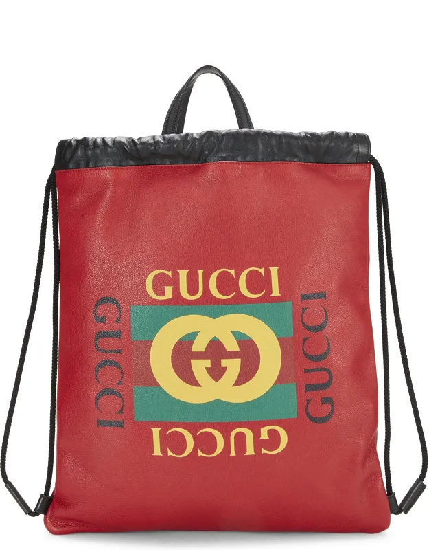 Grained Leather Logo Drawstring Backpack