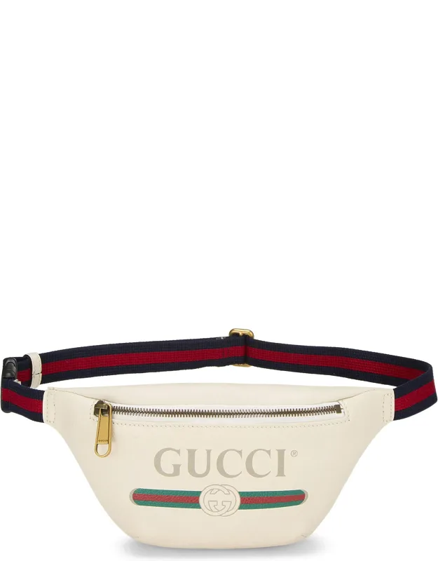 White Leather Logo Printed Belt Bag