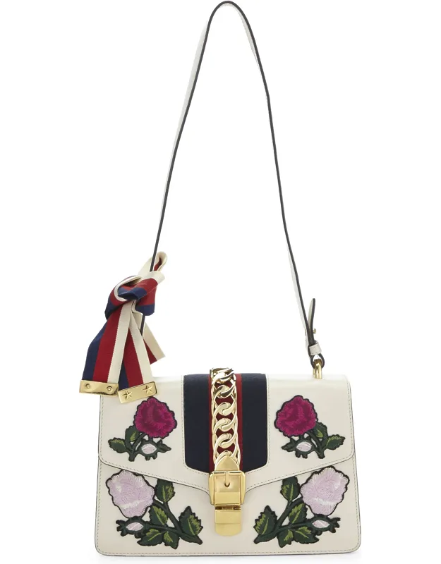 White Leather Embroidered Shoulder Bag Small