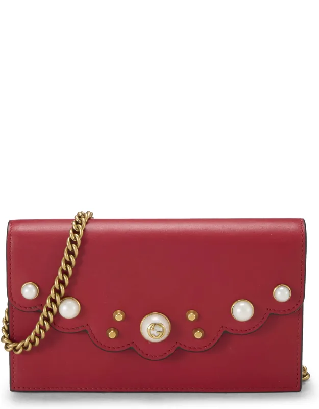 Red Leather Pearl Studded Wallet On Chain