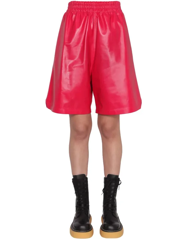 Leather Shorts With Elastic Waist And Two Side Pockets