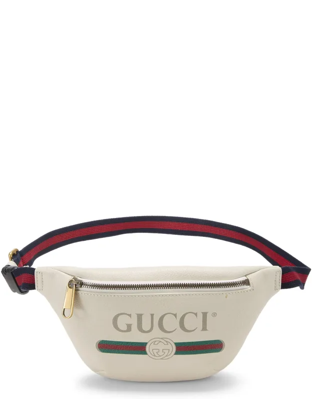 White Leather Logo Printed Belt Bag