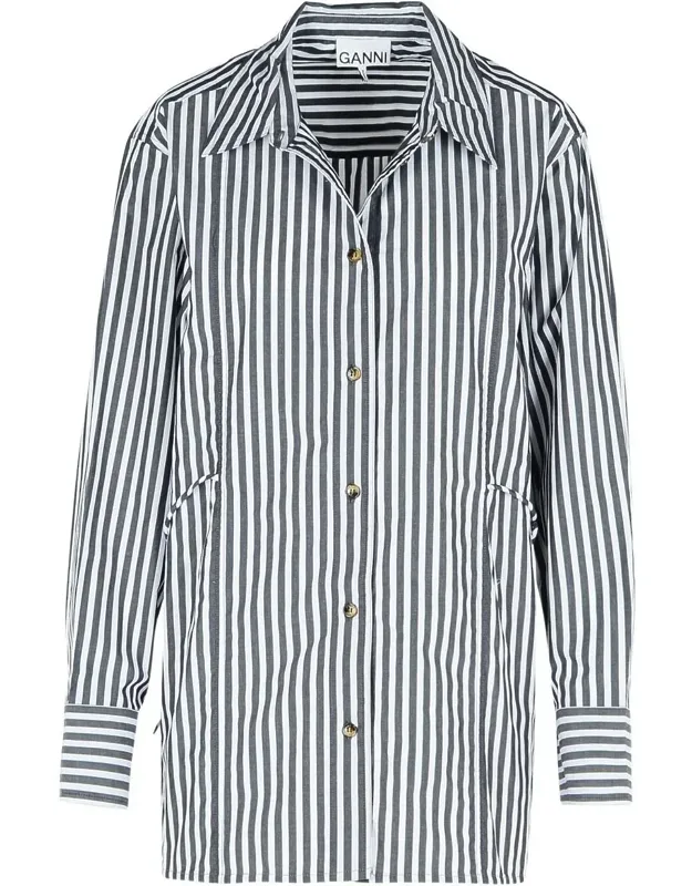 Ganni Black Cotton Jacket With Pointed Collar And Drawstring Sides