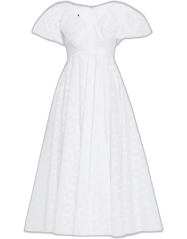 Flower Organdi Puff-sleeve Midi Dress