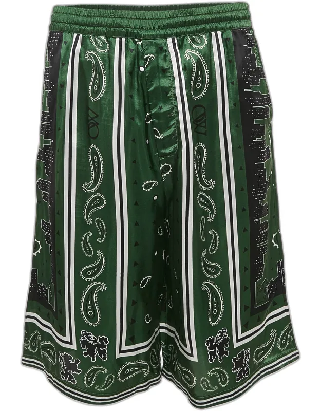 Green Paisley Print Satin Bermuda Shorts