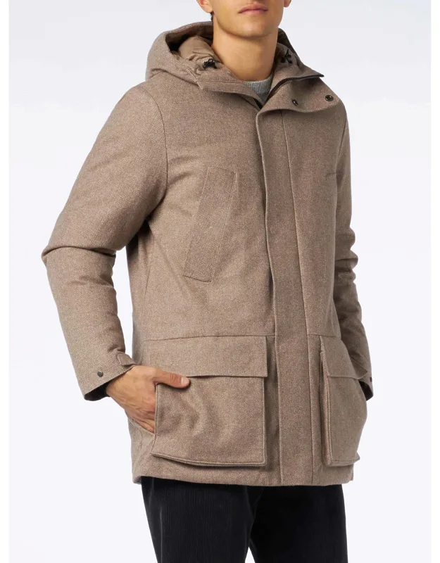 Hooded Parka With Herringbone Print