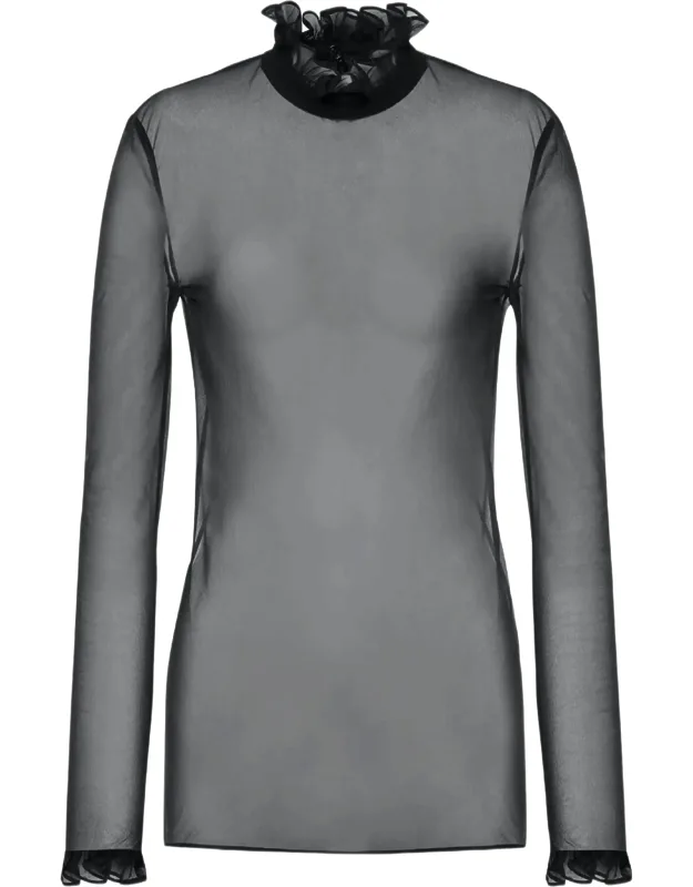 Black Techno Blouse With Ruffles And Romantic Vibe