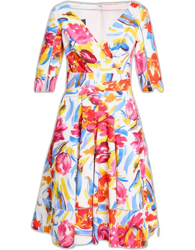 Painter Blossoms Pique Draped Dress