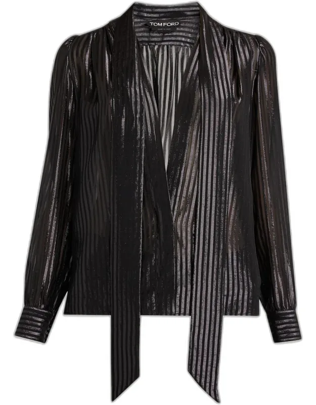 Metallic Striped Lavalliere Plunging Blouse