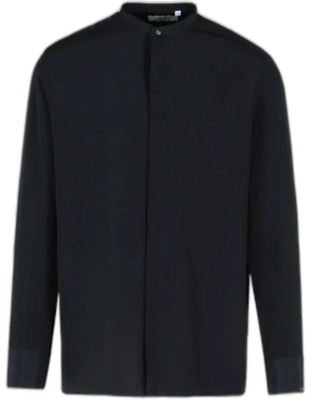 Laneus Black Silk Shirt With Korean Collar And Button Closure