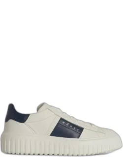 H Stripes Leather Sneakers, Rounded Toe, Rubber Sole