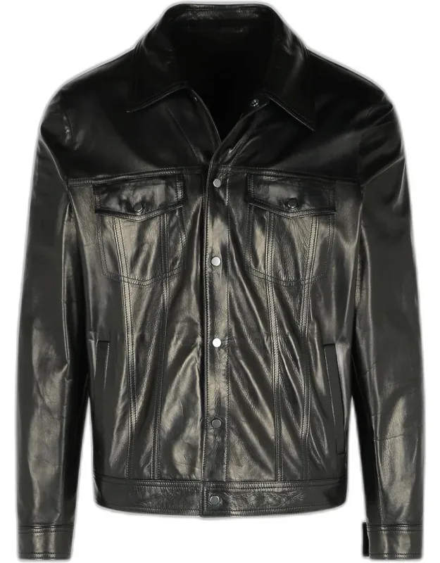 Black Leather Jacket, Pointed Collar, Snap Button Closure