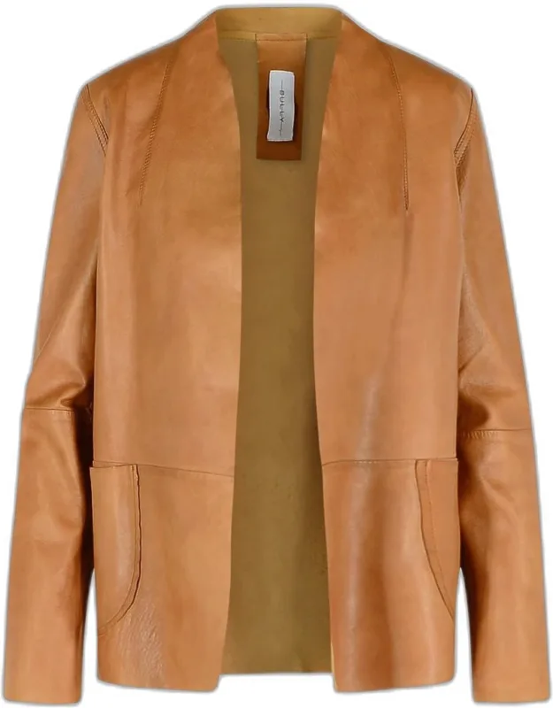Brown Leather Jacket With Tone-on-tone Collar And Two Side Pockets