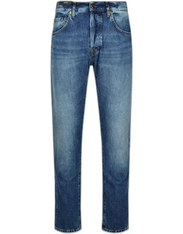 Pt Torino Denim Light Blue Cotton Blend Jeans, Concealed Flap Button Closure, Contrast Double Needle Trim