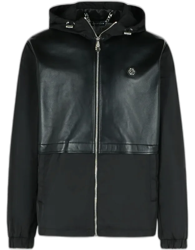 Philipp Plein Leather Jacket With Drawstring Hood And Central Zip Closure