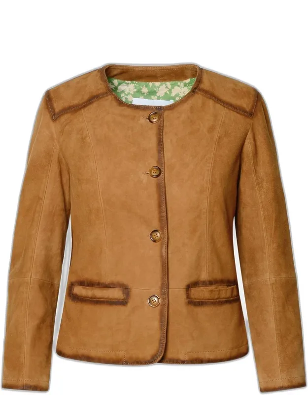 Brown Leather Jacket With Suede Jacket And Button Closure