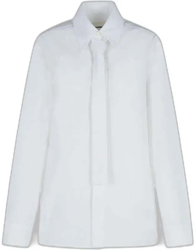 White Cotton Shirt With Pointed Collar And Concealed Flap Button Closure
