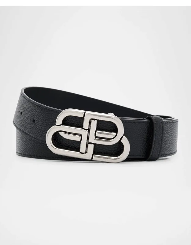 Bb-buckle Leather Belt With Aged Silver-tone Interlocked Logo Buckle And Approx. 1.4"w