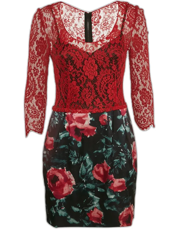 Lace And Floral Print Crepe Mini Dress