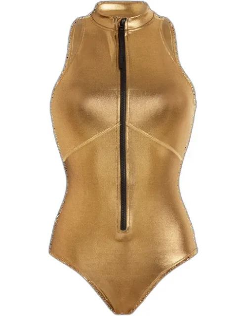 Vilebrequin One-piece Swimsuit Disco Gold - Rashguard - Flexy With High-neck And Zip Closure
