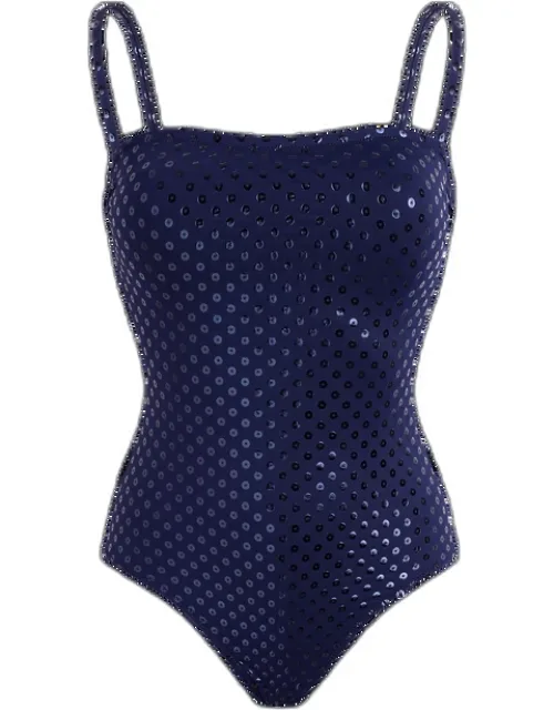 Vilebrequin Bustier One-piece Swimsuit - Sparkling - Trunk - Facette - Blue With High Back And Curved Neckline
