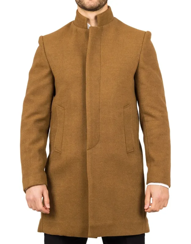 Stand Collar Wool Blend Overcoat With Tailored Fit And Discreet Button Closure