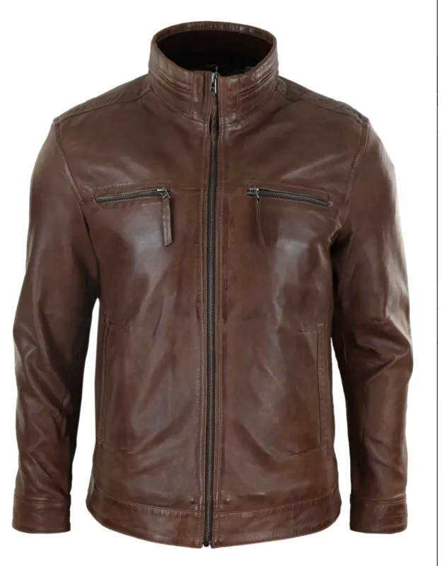 Leather High Collar Zipped Biker Jacket