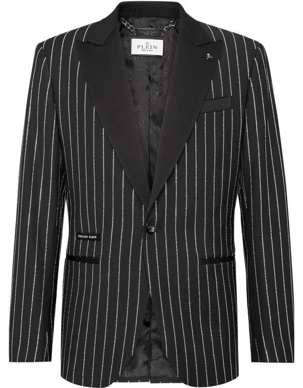 Wool Blazer Fit With Rhinestoned Pin Stripes And Satin Peak Lapel