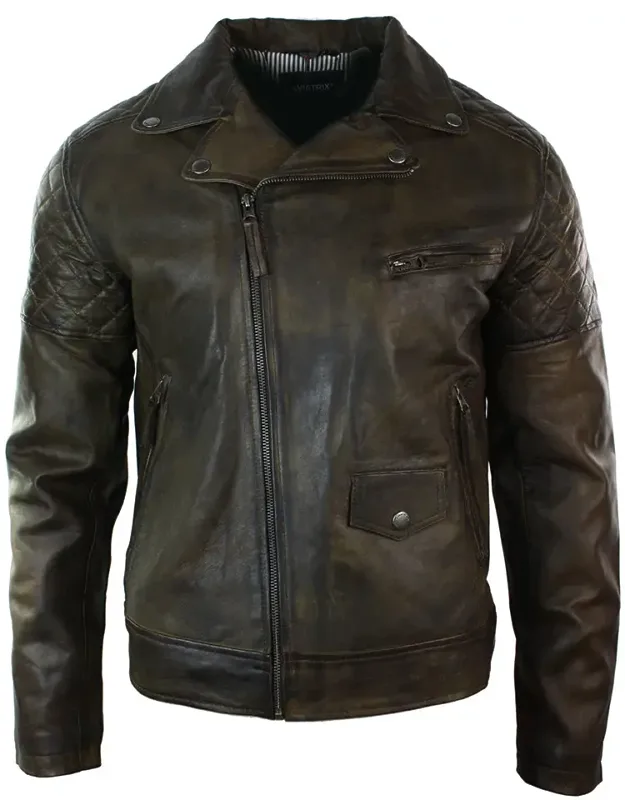 Vintage Leather Biker Jacket With Diamond Quilt Design And Adjustable Belted Buckle