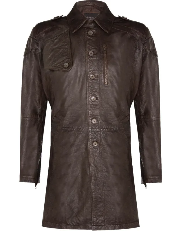 Soft Long Military Trench Distressed Leather Coat