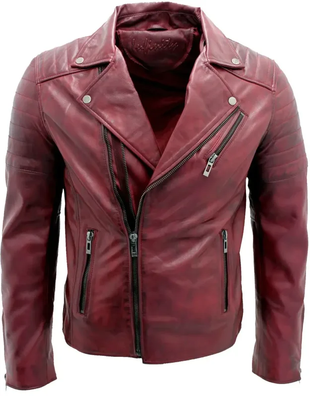 Slim Fit Brando Style Cross Zip Leather Biker Jacket