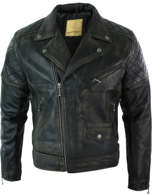 Vintage Leather Biker Jacket With Diamond Quilt Design And Adjustable Belted Buckle