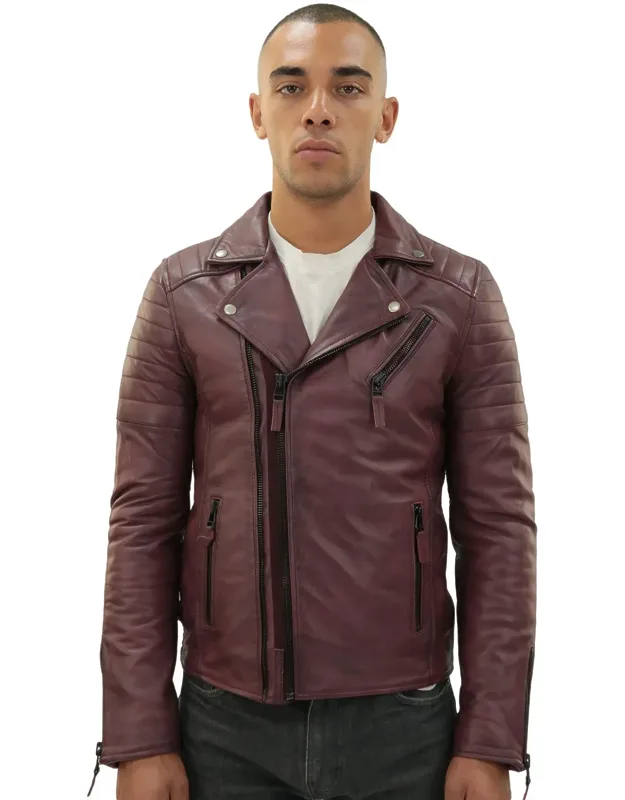Brando Double Cross Zip Leather Biker Jacket With Double Zip And Slanted Zip Pocket