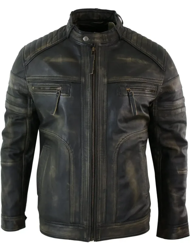 Biker Real Leather Jacket With Top Chest Zip Pockets And Side Pockets