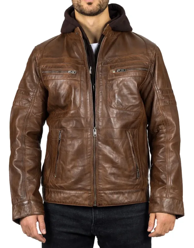 Hooded Genuine Leather Motorcycle Biker Jacket