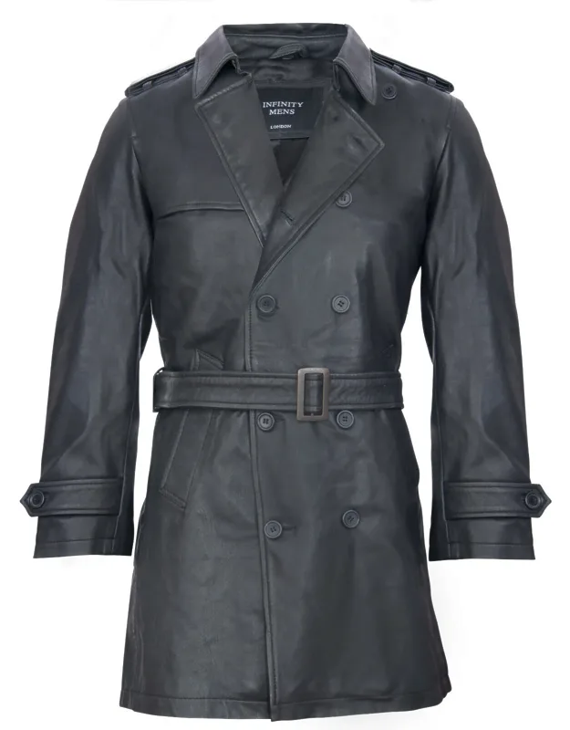 Black Leather Trench Coat With Adjustable Belt And Shoulder Epaulettes